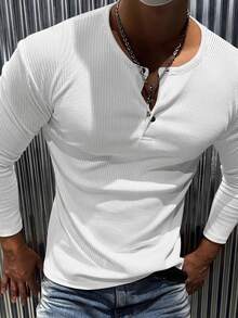 New Men's Casual Classic Ribbed Texture Henley Neck All-Match Versatile Long Sleeve T-Shirt, Fall