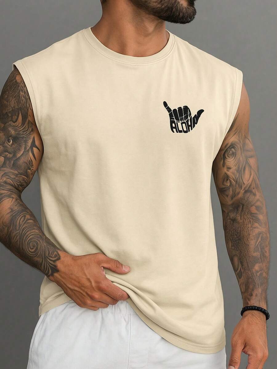 POLARBEAR Men's Sleeveless Basic Printed Tank Top HANG LOOSE OVERSIZED Summer - 米色 - 查看 1