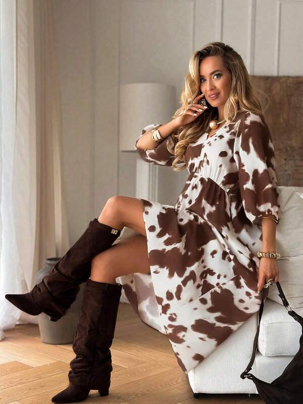 YI XUAN Plus Size Women's Full Body Printed Bohemian Retro Print Loose Lantern Sleeves V-Neck Autumn Dress, Suitable For Spring And Autumn, Leisure Outings, Travel, And Vacations