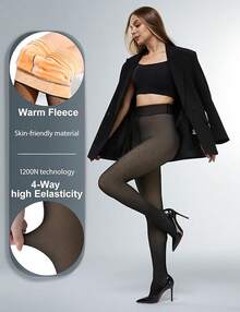 Fleece Lined Sheer Warm Pantyhose Leggings Translucent Thermal Winter Thick Tights Dresses, Women's Style 5FUO - 黑點 - 查看 9