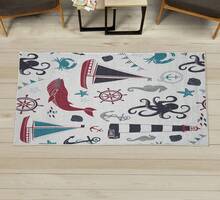 Retro Mid Century Abstract Pattern Rug On Ivory Background, Dark Orange And Reseda Green, 4' X 5' 5", Ideal For Bedroom, Dorm And Living Room - 覆盆子和深藍色 - 查看 3