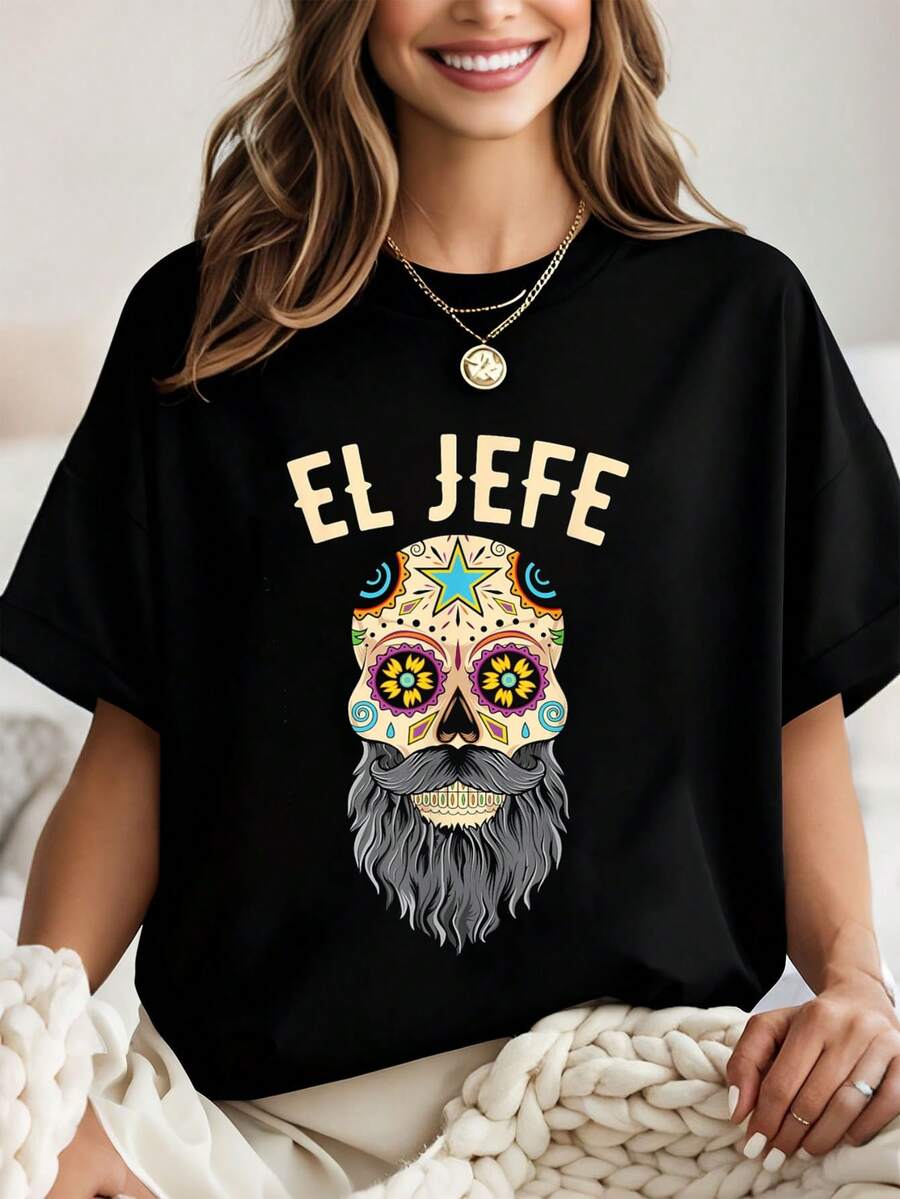 Camiseta de Sombrero de Calavera deúcar Día de los Muertos para mujeres, camisetas gráficas, tops cortos, conjuntos, tops, camiseta - Negro - Ver 1