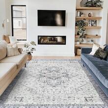5x7 Washable Boho Neutral Vintage Rustic Earth Tone Area Rug With Rust Terracotta Pattern For Living Room, Dining Room, Bedroom - Light Tan Brown Beige, Modern Farmhouse Style - Grey Blue - View 9