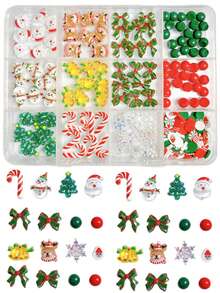 1Box Random Mixed ABS Christmas Nail Charms Cute Santa Claus Snowman Reindeer Christmas Tree Bells Red And Green Bows Suitable For Use At Festival Parties Nail Art Accessories DIY