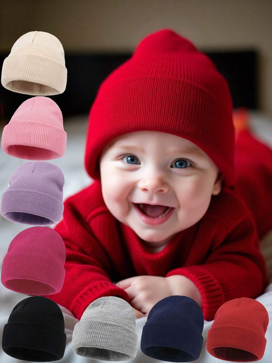 1 pieza Gorro de lana de unicolor para recién nacidos, gorro lindo con pompón, adecuado para niños de 0 a 3 años, unisex - Sin pompa - Ver 1