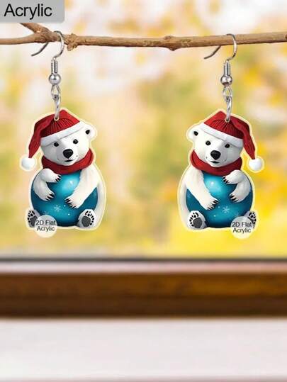 925 Silver 2D Flat, 1 Pair Of Cartoon Cute Polar Bears&Blue Spheres, Earrings Pendant Earrings, Suitable For Women's Christmas Clothing, Christmas Gifts, Women's Autumn And Winter Jewelry, Fashionable Pendant Earrings