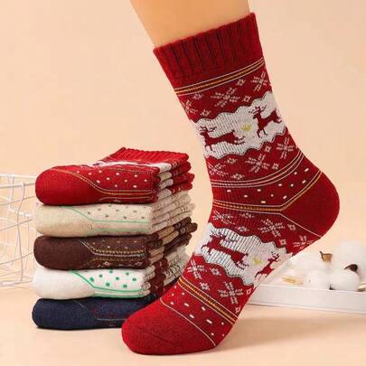 5双装创意驯鹿印花袜子，保暖加厚内衬袜 - 舒适厚实的圣诞袜，女士休闲家居袜，红色、米色、棕色和海军蓝节日动物图案，是节日庆祝活动的理想之选。