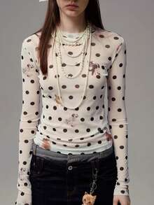 1 件波尔卡圆点全身动物印花涤纶透明 T 恤，适合居家、街头、春秋季休闲穿着 - 白色 - 查看 1