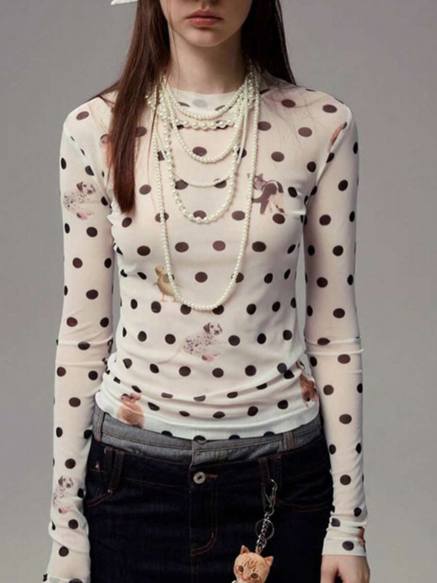 1 件波尔卡圆点全身动物印花涤纶透明 T 恤，适合居家、街头、春秋季休闲穿着 - 白色 - 查看 1