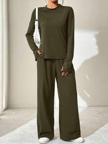 2件套女士长袖圆领T恤上衣和宽松舒适休闲裤 - 墨綠色 - 查看 7