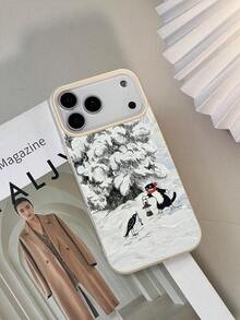 1 pièce Étui de téléphone doux et texturé, résistant à l'eau, aux chutes et antidérapant, avec illustration d'une maison enneigée et d'un chat floconneux, compatible avec les téléphones Apple, version internationale, pas la version domestique - Multicolore - Voir 3