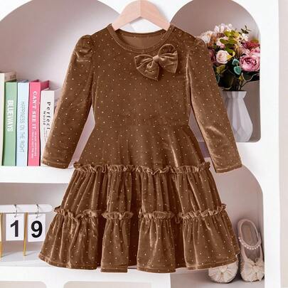 Vestido de niña con decoración de lazo de terciopelo vintage, tela de terciopelo con acabado brillante, acento de lazo 3D, cintura ceñida y falda acampanada para un aspecto elegante, adecuado para fiestas de Navidad, Nochevieja, eventos festivos, otoño/invierno