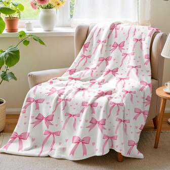 Pink Bow Fleece Blanket ,Christmas Birthday Valentine's Day Gifts For Women Pink Throw Blanket Coquette Preppy Bow Decor For Bedroom Dorm Soft Lightweight Bed Sofa Throws