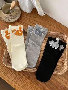 3 Pairs Cartoon Cat & Egg Pattern Crew Socks, Funny Christmas Gift Socks, Suitable For Spring, Autumn, All Seasons, Fashionable & Cute Animal Design - Multicolor - View 2