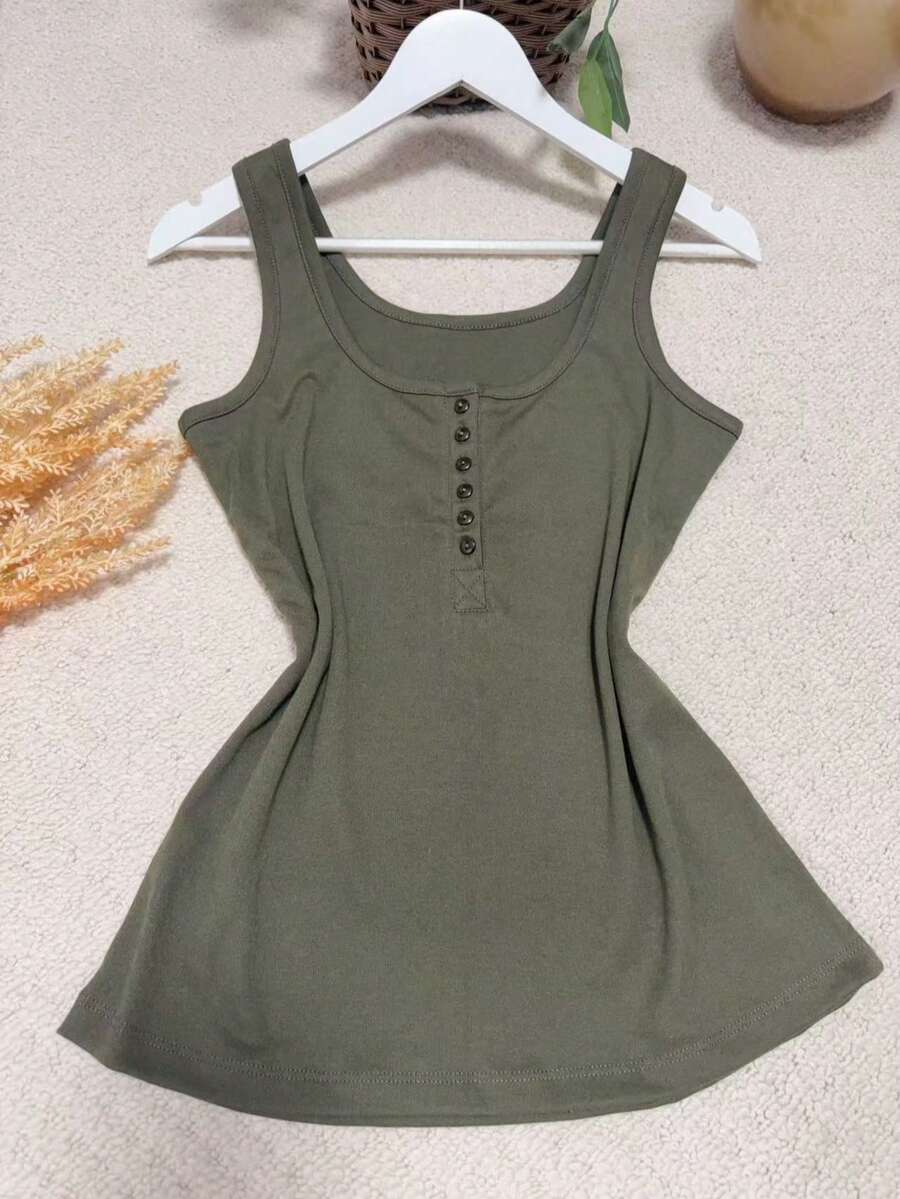 Women's Cotton Tank Top With Button Abrem287 (Size A Little Small, It Is Recommended To Order A Larger Size) - Dark Green - View 1