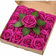 16 piezas de rosas de espuma de color rosa con brillo artificial y tallos para ramos DIY, centros de mesa, arreglos para bodas, decoración de despedida de soltera - Rosa Roja - Ver 1