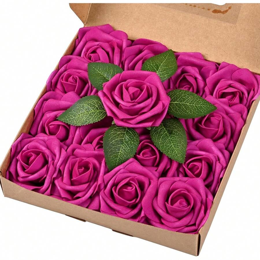 16 piezas de rosas de espuma de color rosa con brillo artificial y tallos para ramos DIY, centros de mesa, arreglos para bodas, decoración de despedida de soltera - Rosa Roja - Ver 1