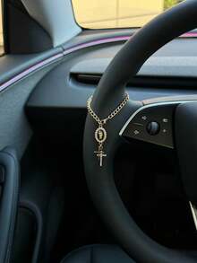 1pc Steering Wheel Decor, 15cm Adjustable Length, Minimalist, Cute, Creative Rosary Bead Car Pendant Accessory, Unique Fashion Car Hanging Decoration - Green Oval Plate + Rhinestone Double Cross - View 7