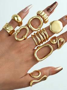 Set de 10 piezas de anillos retro, un conjunto de anillos geométricos asimétricos de línea y lava líquida versátil y de moda