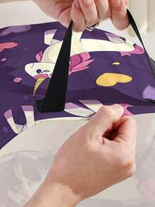 1pc Cartoon Pony Print Foldable Large Capacity Round Storage Basket With Handle, Multipurpose Storage Bin For Nursery, Baby Diaper, Clothes, Toys And Accessories Organization