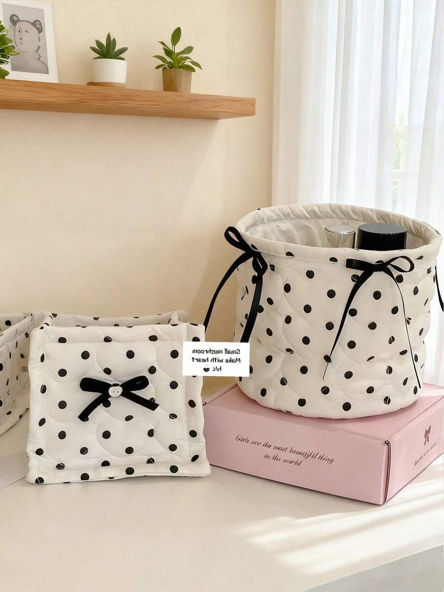 1pc Cute Black Polka Dot 3D Bow Decor Storage Basket, Desktop Organizer Basket For Makeup Brushes, Skincare Products, Desktop Decor, Cosmetic Organizer, Portable Picnic Basket, Suitable For Valentine's Day Stocking Stuffers - Multicolor - View 1
