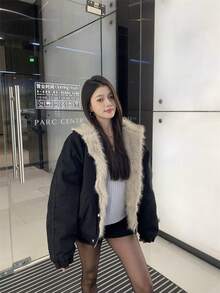 女士冬季外套，休闲优雅美式风格冬季连帽外套，毛领保暖加厚羽绒服，冬季，蓬松外套 - 黑色 - 查看 4