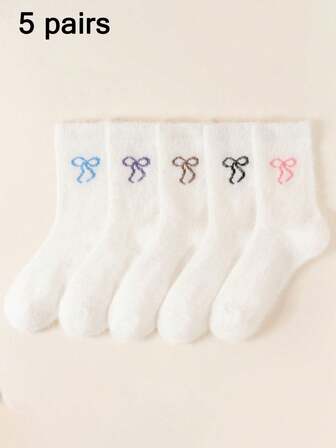 5 Pairs Women's White Bow Plush Socks - Sweet & Simple, Comfortable & Warm, Suitable For Autumn/Winter Daily Wear, Home, And Sleep