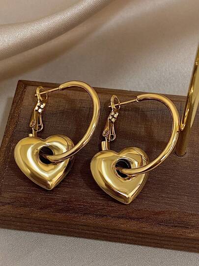 1 对优雅金色心形耳环女士不锈钢耳环圈防过敏耳环适合日常派对珠宝生日圣诞礼物