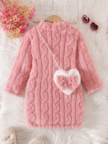 2pcs/Set Cute Textured Solid Color Long Sleeve Hooded Dress With Bow & Heart Decor Bag For Young Girls, Winter - Pink - View 3