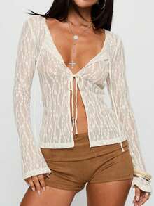 Women's Solid Color Sheer Lace Lace Top, Deep V-Neck Design, Delicate Lace Textured Shirt,Long Sleeve Tops Women,Fall Clothes For Women, Suitable For Office, Casual Daily Street Wear - trắng - Xem 1