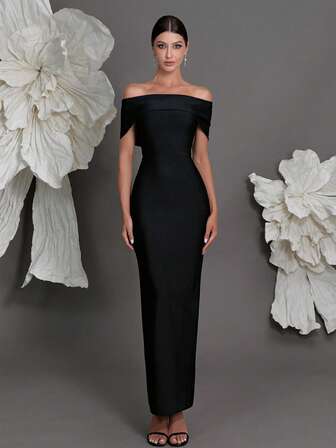 Vestido ajustado de punto con hombros descubiertos, estilo europeo de lujo, vestido lápiz de ajuste ceñido para reuniones familiares, fiestas, banquetes