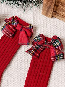 1双女婴红色圣诞袜，儿童纯色格子蝴蝶结腿套，柔软舒适，适合0-3岁幼儿女童 - 紅色 - 查看 2