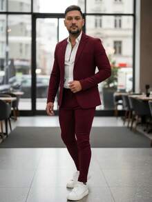 Men's Set Blazer Pants Slim Suit Formal Fashion - Maroon - View 2