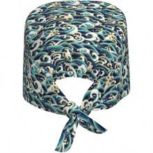 - Gorra de trabajo con banda para el sudor para mujeres y hombres, sombreros de trabajo de limpieza ajustables, gorras quirrgicas de enfermera lazo en la espalda - Onda japonesa azul mar blanco - Ver 3