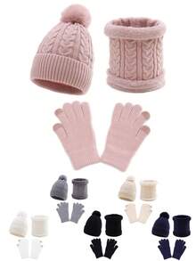 Bộ 3 món bằng vải nỉ acrylic màu trơn, kiểu dáng thường ngày: Mũ len có quả bông + Khăn quàng cổ giữ ấm + Găng tay cảm ứng, nhiều màu sắc để lựa chọn, ấm áp và đa năng cho mùa thu/đông, thích hợp làm quà tặng Valentine. - Nhiều màu - Xem 1