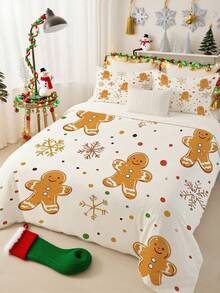 3pcs Christmas Cute Gingerbread People Pattern Print Duvet Cover Set (1*Duvet Cover + 2*Pillowcase, Without Core), Lighting Up The Colorful Atmosphere Of The Festival, Snowflakes And Colorful Dots Dance Together, Creating A Sweet Atmosphere, Christmas Theme, Winter Christmas, Soothing Visual Fatigue, Suitable For All Seasons, Suitable For Hotel, Bedroom, Guest Room And Dormitory Decoration Bedding