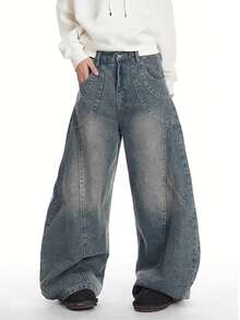 男士休闲宽松拼接直筒做旧水洗牛仔裤，街头风 - 霧霾藍 - 查看 2