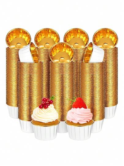 25/50pcs Inner Gold Outer White Aluminum Foil Bowls, Rolled Rim Cake Cups, Double-Sided Aluminum Foil Heat-Resistant Thickened Muffin Cup Paper Liners, Tabletop Decor Containers, Baking Tools, Suitable For Daily Baking, Professional Baking - Christmas, Halloween, Wedding, Birthday