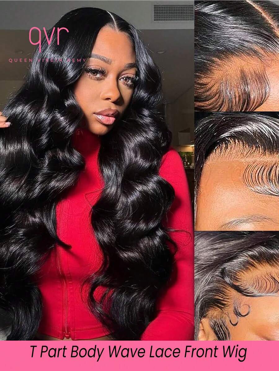 QVR QUEEN VIRGIN REMY QVR Body Wave Lace Front Wig Human Hair T Part Transparent Lace Front Wig Middle Part Body Wave Lace Wigs Pre Plucked With Baby Hair Natural Black Color - Natural Black - View 1