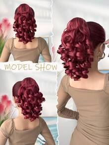 14英寸长红色爪形马尾辫，自然深波浪卷发，耐热合成马尾假发，适合女性在圣诞节、万圣节派对和日常佩戴。 - 紅色 - 查看 8