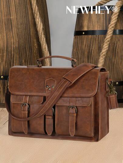NEWHEY 男士斜挎包 15.6 英寸皮革复古笔记本电脑公文包大号笔记本电脑包防水挎包电脑单肩包适合办公室工作旅行学院