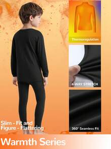 男童保暖内衣套装（8-12岁/120-160厘米） - 圆领长袖上衣和裤子，黑色 | 保暖内衬，超保暖透气 | 修身剪裁，适合居家玩耍、上下学、滑雪旅行 | 防静电，速干 | 冬季/圣诞节必备