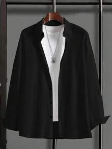 Plus-Size Men's Suits, Big & Tall Men's Long-Sleeved Shirts, Spring Casual Solid Color Shirts,Oversized Men's - 黑色 - 查看 11