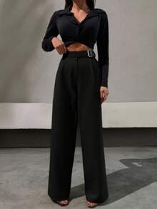 High Waisted Wide Leg Trousers For Women Casual Long Pants With Pockets And Functional Zipper Fly Slight Stretch Fabric - Black - View 3