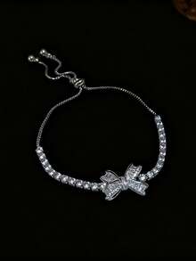 1 件精美甜美粉色锆石蝴蝶结心形链条手链 适合女士女孩派对生日珠宝礼物 - 蝴蝶結手鍊 - 查看 8