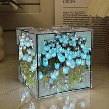 DIY Lámpara de Noche Creativa Cubo Tulipán - 12x12cm, Lámpara Tulipán con Espejo, Decoración Romántica de Mesa, Decoración de Boda, Salón, Dormitorio, Regalo para Novia, Familia, Fiesta de Amigos