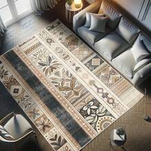 Retro Mid Century Abstract Pattern Rug On Ivory Background, Dark Orange And Reseda Green, 4' X 5' 5", Ideal For Bedroom, Dorm And Living Room - 黑色 棕色 灰色 - 查看 8