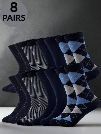 1/2/4/8pairs Of Autumn/Winter Men's High Top Solid Color Sailor Socks, Business Socks, Checkered Socks, High-Quality Sports Socks, European Sizes, Long Socks, Black Socks, Blue Socks,Autumn Mid Length Socks, Striped Plus Size Versatile