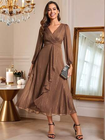 Höst Vinter Dam Elegant V-ringad Långärmad Formell Klänning Glitter Twist Knut Rynkad Te-lång Brudtärneklänningar Bröllopsgästklänning För Bröllop Semiformell Klänning