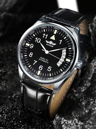 T-WINNER 1pc Minimalist Automatic Mechanical Watch For Men Calendar Top Brand Leather Strap Classic Business Men Watches Gifts With Box